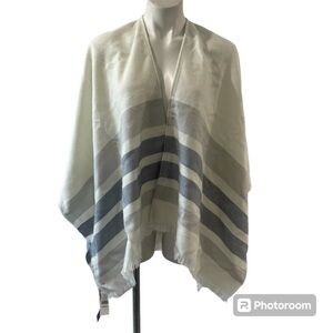 Banana Republic Reversible Poncho NWT Blue White Gray Striped Wrap Fringe NEW